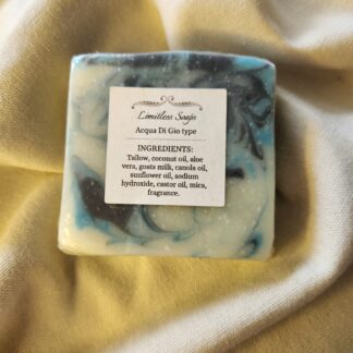 soap bar with swirls of blue and black with product label