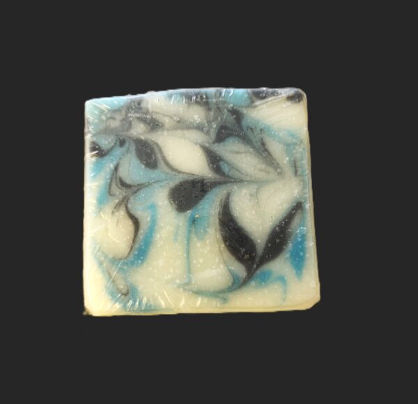 soap bar with swirls of blue and black