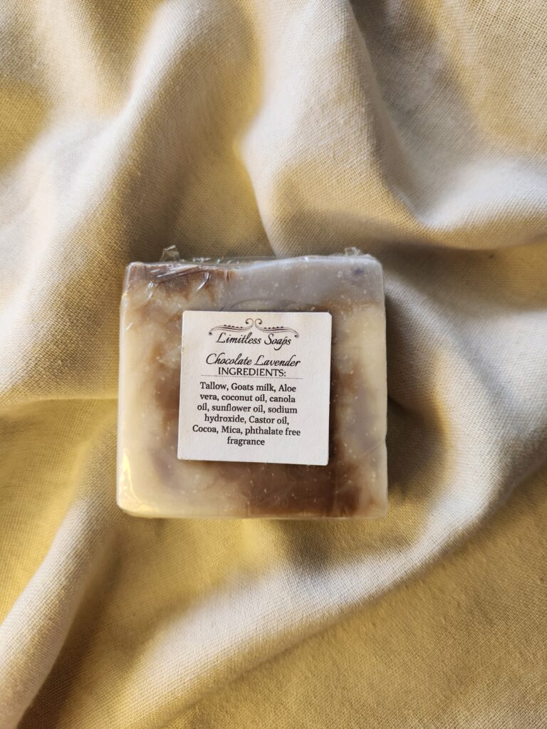 soap bar with swirls of brown and purple with product label