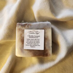 soap bar with swirls of brown and purple with product label