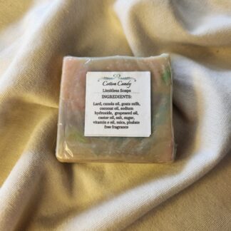 soap bar with pastel rainbow swirls with product label