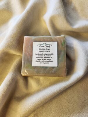 soap bar with pastel rainbow swirls with product label