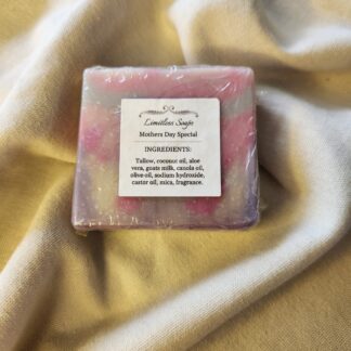 soap bar with swirls of pink and purple with product label