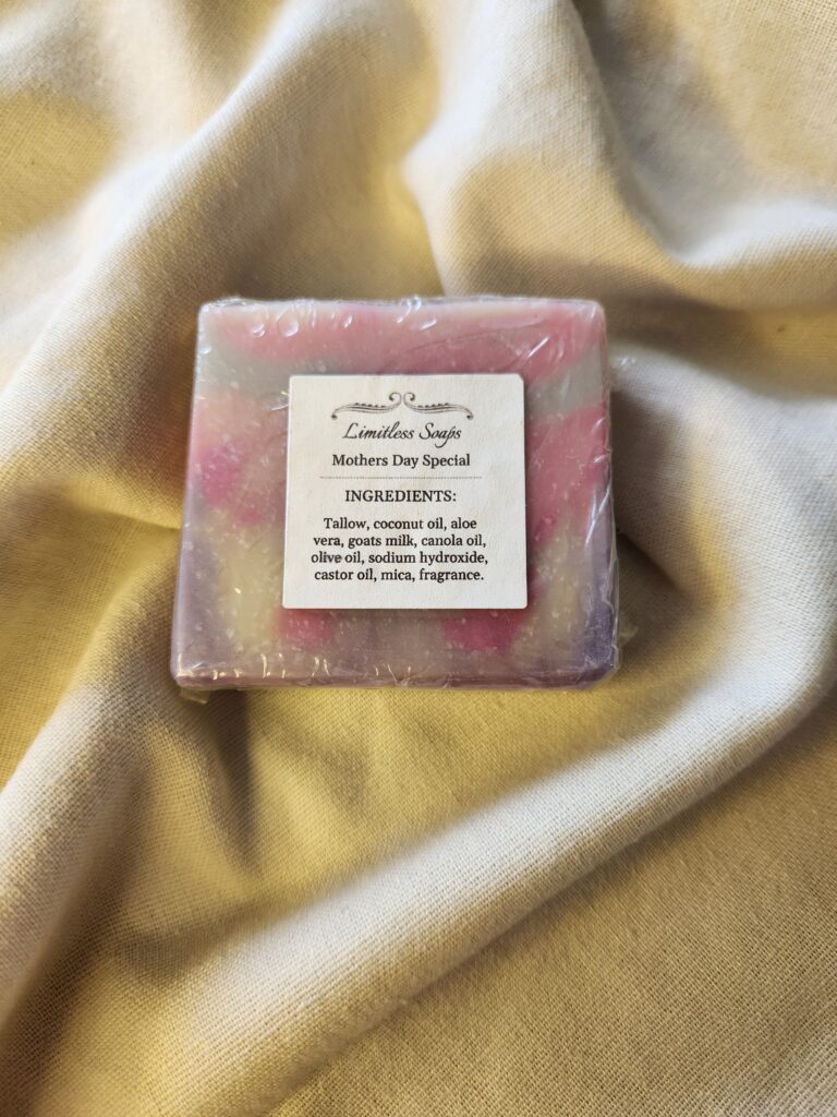 soap bar with swirls of pink and purple with product label