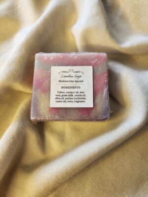 soap bar with swirls of pink and purple with product label