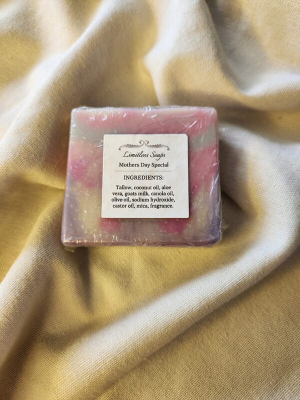 soap bar with swirls of pink and purple with product label